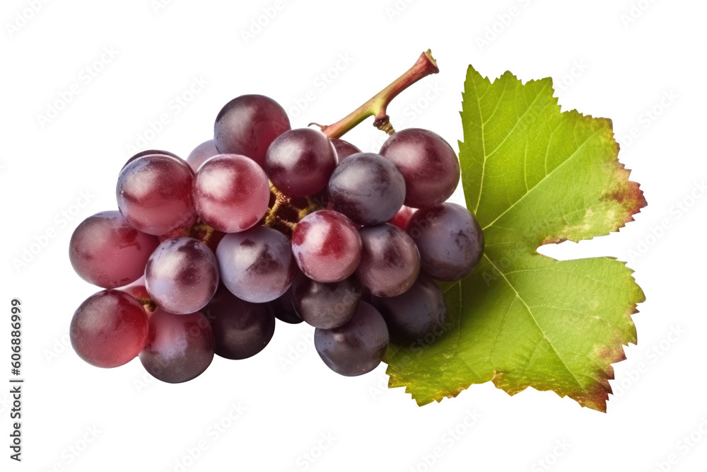 Fototapeta premium Red grape with leaves on transparent background. Generative AI.