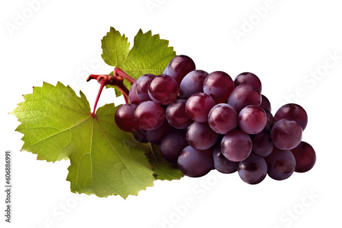 Red grape with leaves on transparent background. Generative AI.