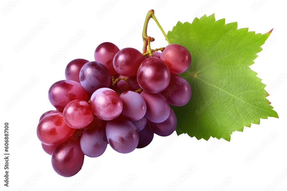 Red grape with leaves on transparent background. Generative AI. Red grape with leaves on transparent background. Generative AI.