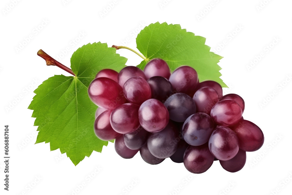 Fototapeta premium Red grape with leaves on transparent background. Generative AI.