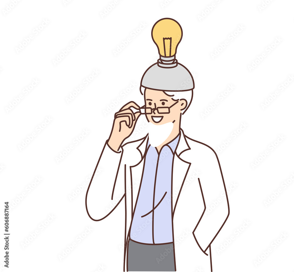 Elderly scientist stands near blackboard with scientific formulas with invention countries on head Elderly scientist stands near blackboard with scientific formulas with invention countries on head
