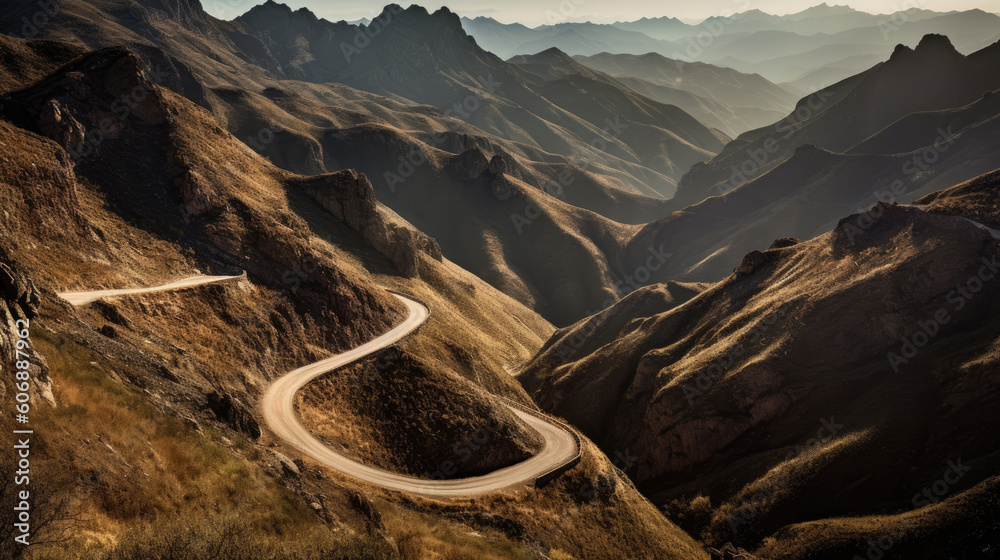 Beautiful mountain landscape with road and fog in the morning.