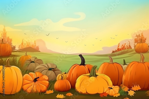 Assorted pumpkins on autumn background with copy space, horizontal. Illustration generated with AI