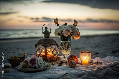 romantic beach picnic in the evening. Flowers in a basket, white wine glasses, fruit, candles, and lanterns at dusk on the beach. Generative AI