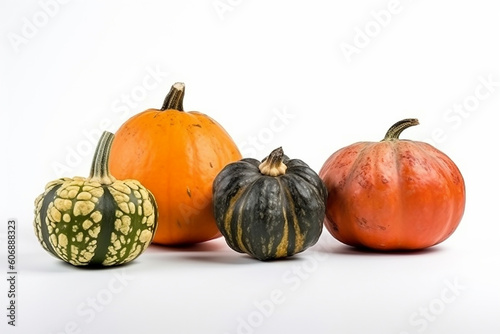 Group of assorted pumpkins isolated on white background, horizontal. AI generated
