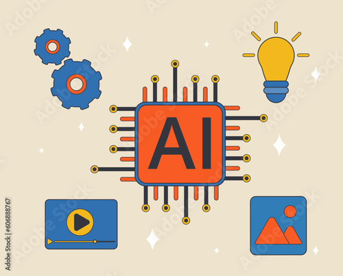 Bright and creative vector illustration of Artificial Intelligence Chip with AI sign. Ideal for projects related to technology and artificial intelligence. Perfect vector graphics