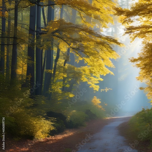 1320 Autumn Forest Trail: A serene and autumnal background featuring a forest trail with golden leaves, sun rays, and a peaceful and nature-inspired atmosphere1, Generative AI photo