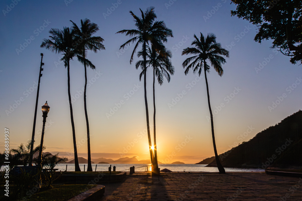 Φωτογραφία Silueta de palmeras durante el amanecer en la Playa Roja, Rio de Janeiro - Brasi