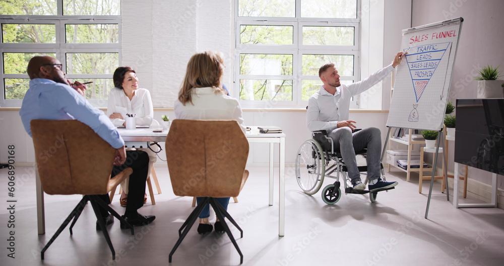 Wheelchair And Disability At Office. Giving Presentation Wheelchair And Disability At Office. Giving Presentation
