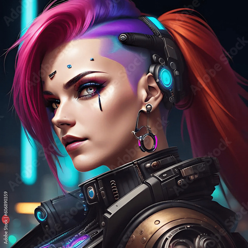 Cyberpunk style futuristic girl with bright hair created with AI generative tools