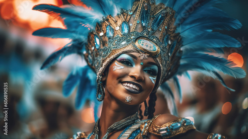 A woman in a costume with feathers on her head. Notting Hill samba carnival. Generative AI.