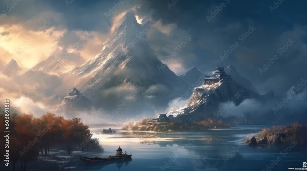 landscape with snowy mountain surrounded by clouds by the lake. Generative AI