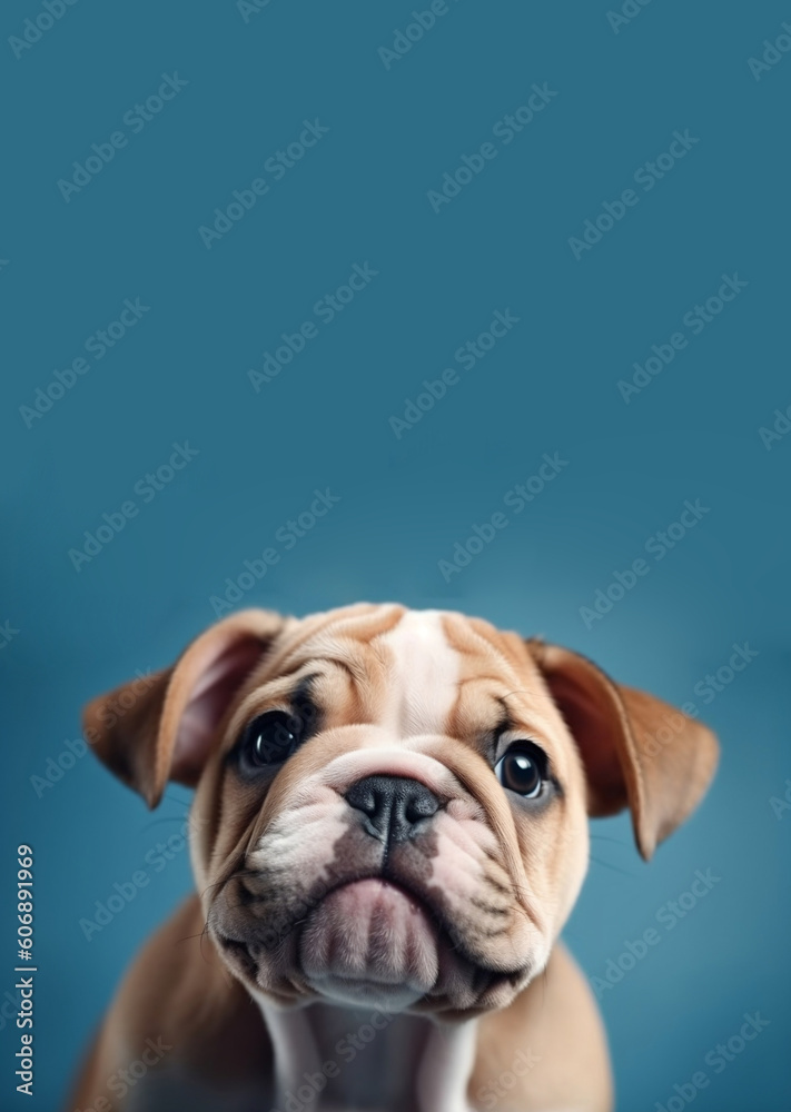 Vertical Banner for Website of small english bulldog pet with a curious puppy face at on dark blue background. Website banner concept. Advertising postcards, notebooks. Generative AI Technology