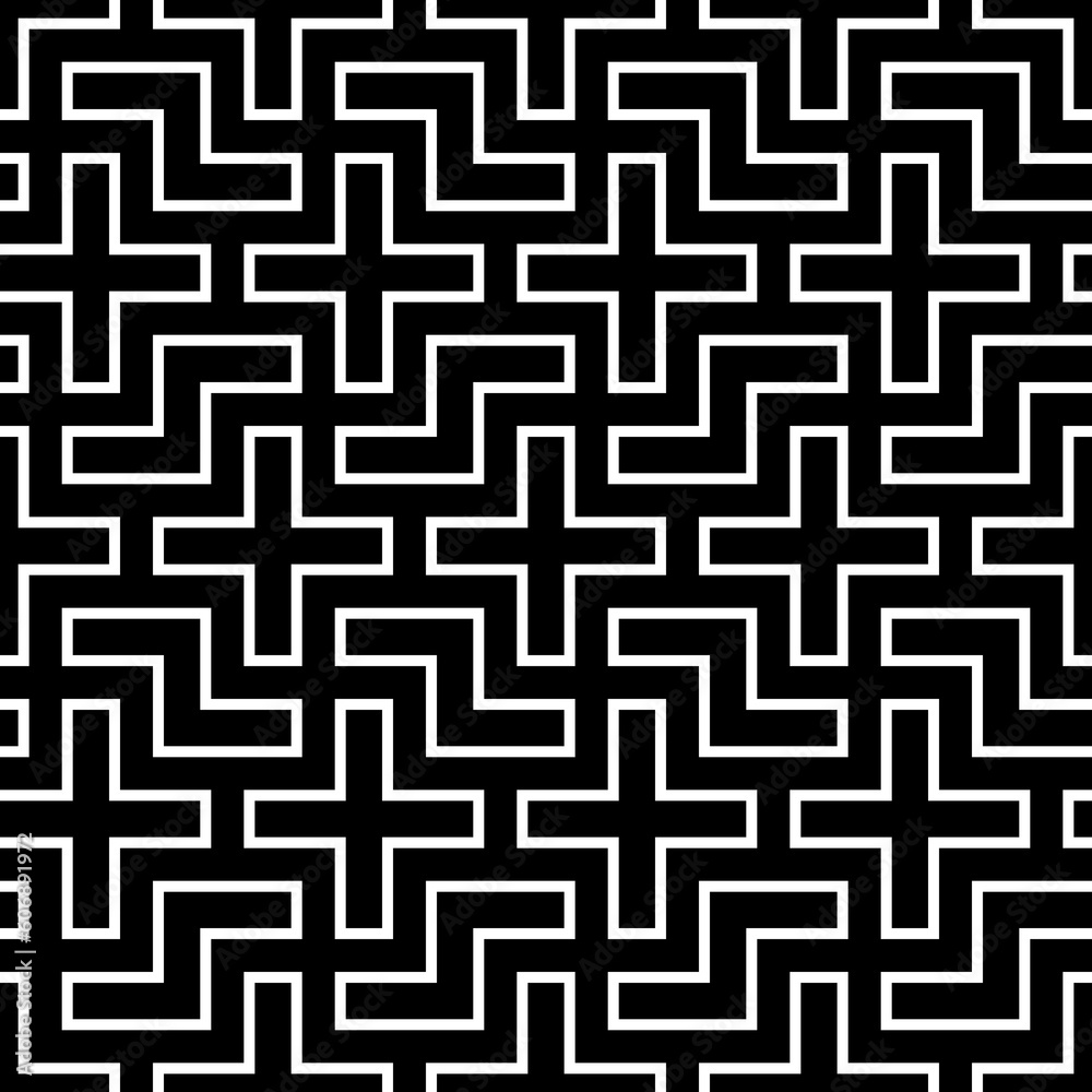 Repeated white puzzle on black background. Seamless surface pattern design with logic mosaic ornament. Tetris motif. Grid wallpaper. Digital paper for page fills, web designing, textile print. Vector. Repeated white puzzle on black background. Seamless surface pattern design with logic mosaic ornament. Tetris motif. Grid wallpaper. Digital paper for page fills, web designing, textile print. Vector.