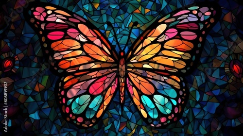 Colorful bright and simple stained glass wallpaper of butterfly. Generative AI