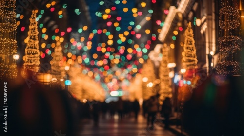 Blurred image of street with Christmas illumination. Generative AI 
