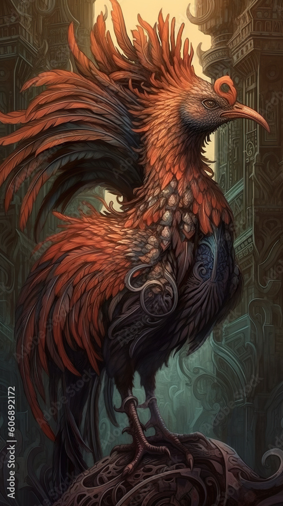 A painting of a rooster standing on a rock. Generative AI. A painting of a rooster standing on a rock. Generative AI.