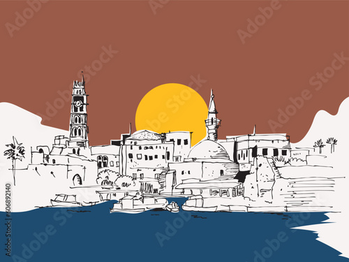 Drawing sketch illustration of the coastline of Accoi northern Israel