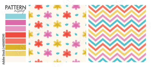 Samba Design: Set Seamless Pattern (floral, dots, chevron and stripes).