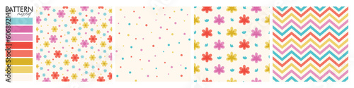 Samba Design: Set Seamless Pattern (floral, dots, chevron and stripes).
