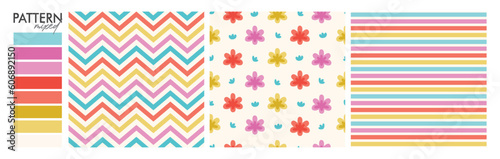 Samba Design: Set Seamless Pattern (floral, dots, chevron and stripes).