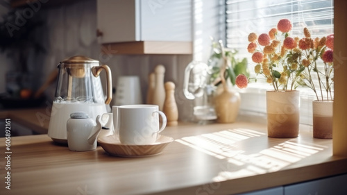 Kitchen wooden table top with breakfast at morning time. Scandinavian style vintage kitchen interior. Created with Generative AI