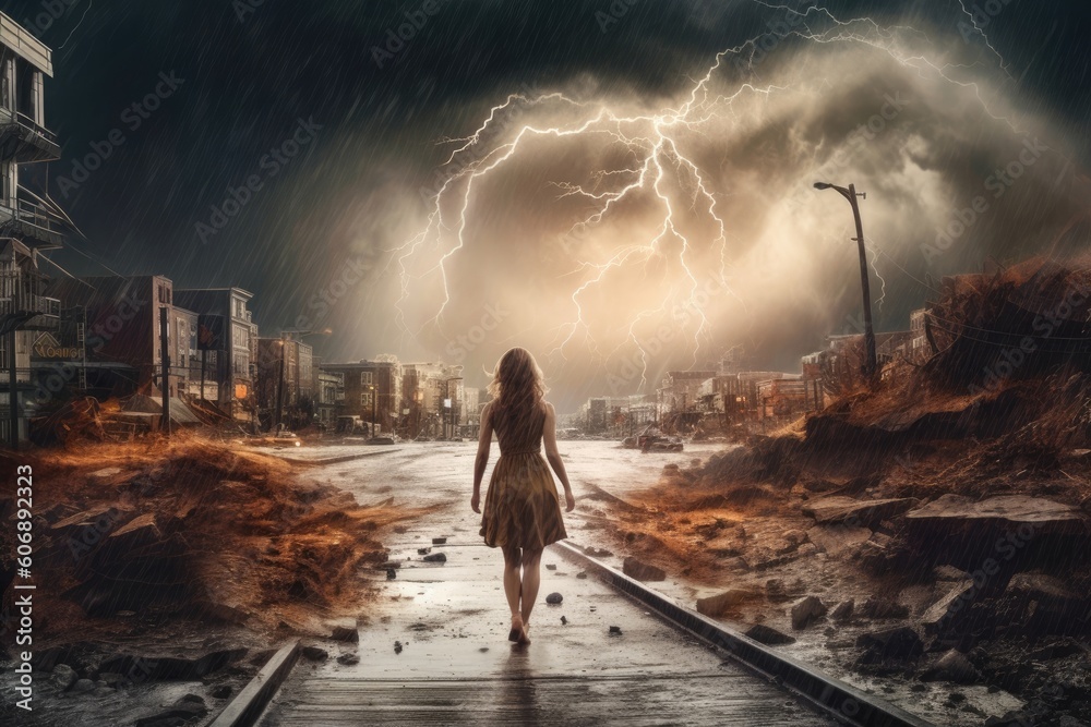 A woman walks through a storm to new life. (Generative AI)