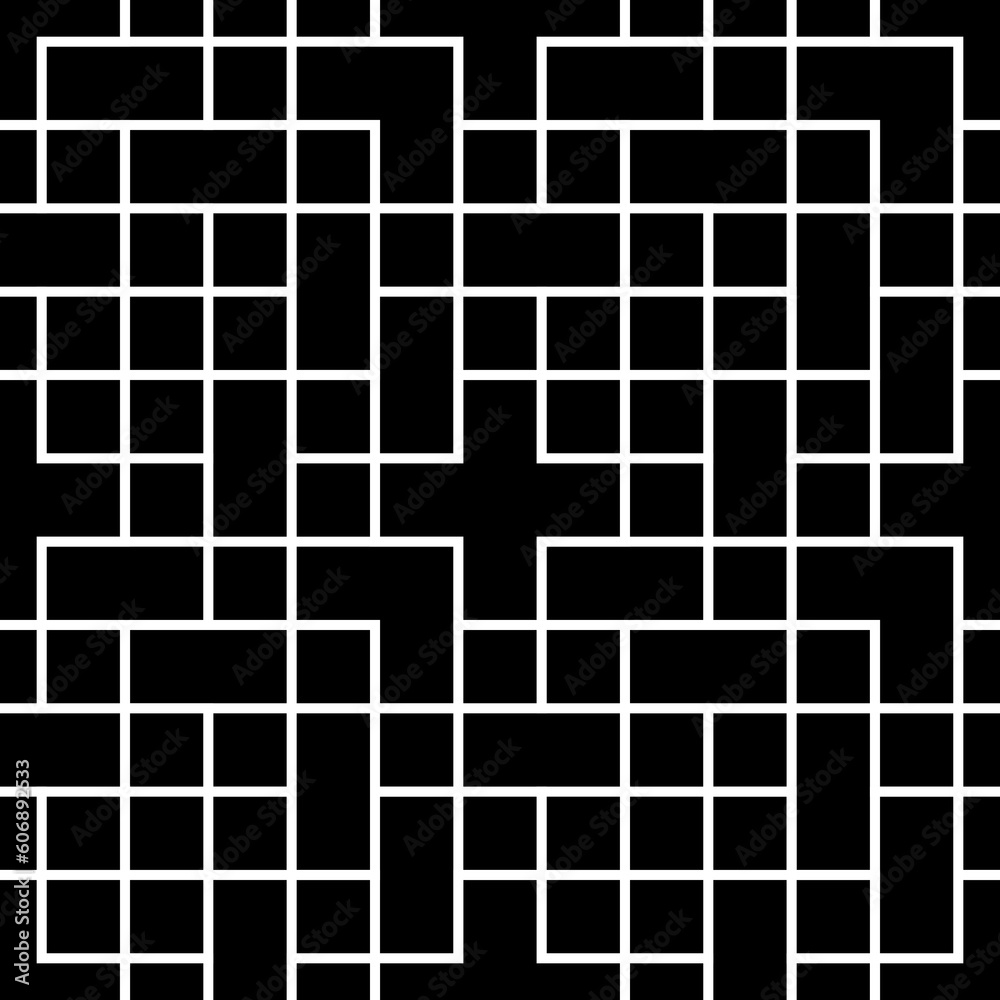 Seamless pattern with mosaic ornament. Repeated squares, rectangles, angle brackets, crosses background. Logic game motif. Grid wallpaper. Digital paper, web design, textile print. Vector illustration Seamless pattern with mosaic ornament. Repeated squares, rectangles, angle brackets, crosses background. Logic game motif. Grid wallpaper. Digital paper, web design, textile print. Vector illustration