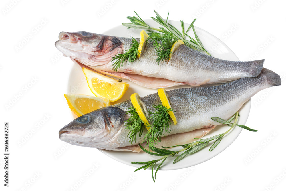 Fresh gutted fish seabass and ingredients for cooking, lemon, pepper and rosemary in a plate isolated Fresh gutted fish seabass and ingredients for cooking, lemon, pepper and rosemary in a plate isolated