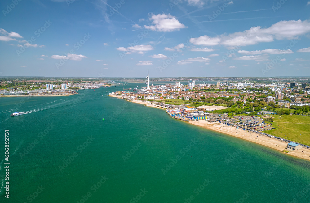 The drone aerial view of Spinnaker Tower and Portsmouth Harbour. Portsmouth is a port city and unitary authority in Hampshire, England