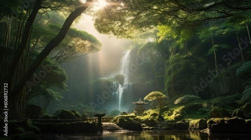 Landscape with a waterfall and a forest river  swimming in the forest  Japanese relaxation practice like shinrin-yoku. An easy way to be in silence among the trees. AI generated