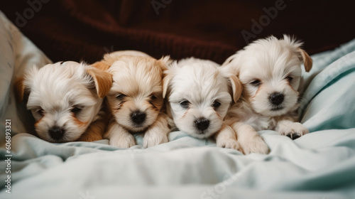 Photography of small puppies in bed. IA generative. © Moon Project
