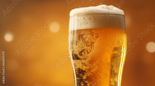 Glass of light beer with foam on a golden background. Close-up. Beer in a glass with froth and bubbles, set on a golden background. Shallow depth focus with bokeh. 3d rendering.   AI generated image.