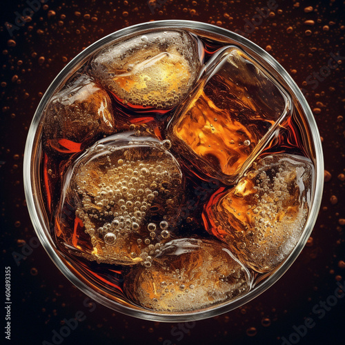 Glass of cola with ice cubes on dark background, close up. 3d illustration. Top view. AI generated image.