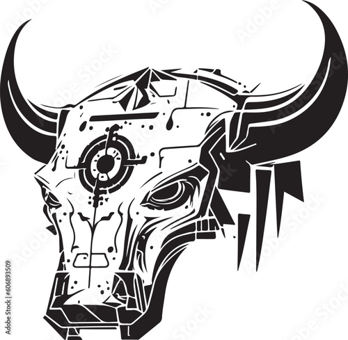 Bull head tech logo technology. Logo design regarding bull. Print design of cyber bull head.