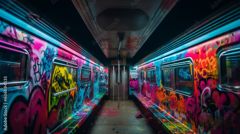 Graffiti photography in the subway with neon colors. IA gnerative.