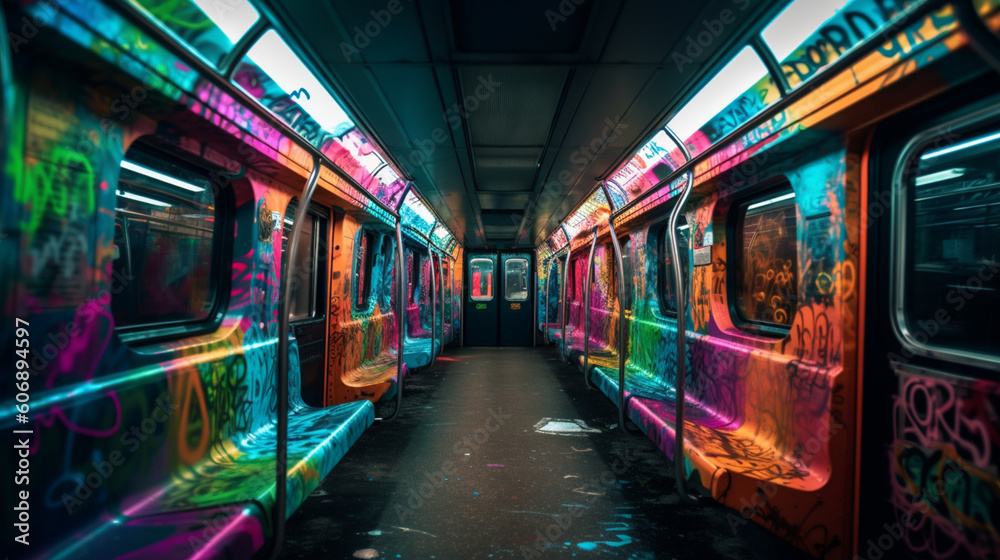 Graffiti photography in the subway with neon colors. IA gnerative.