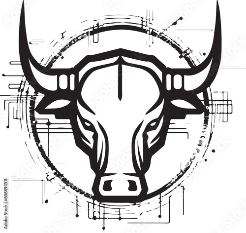 Bull head tech logo technology. Logo design regarding bull. Print design of cyber bull head.