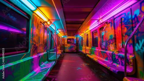 Graffiti photography in the subway with neon colors. IA gnerative.