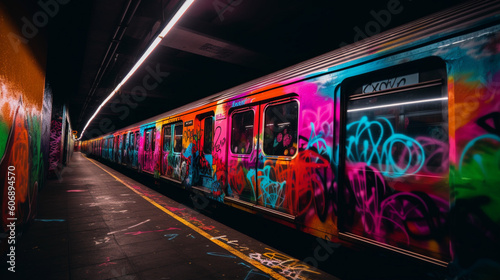 Graffiti photography in the subway with neon colors. IA gnerative.