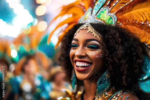 Imaginary young woman in Brazilian samba costume and head decoration with feathers participates in a Latin-American festival, carnival or parade