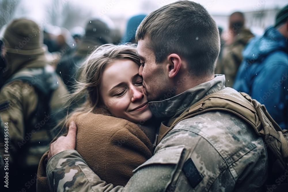 Φωτογραφία Emotional reunion: A happy young soldier embraces his wife tightly as he returns home from military service, radiating pure joy and love