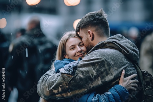 Unforgettable embrace: Witness the sheer happiness on a young soldier's face as he wraps his arms around his wife, reuniting after a long period of military duty.