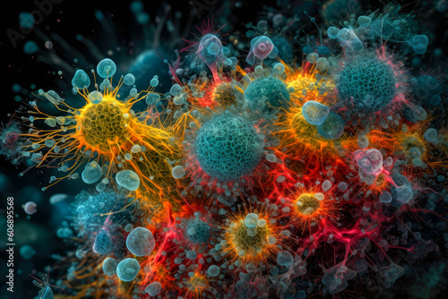 Colorful cell interaction - tumor cell surrounded with immune cells (Generative AI)