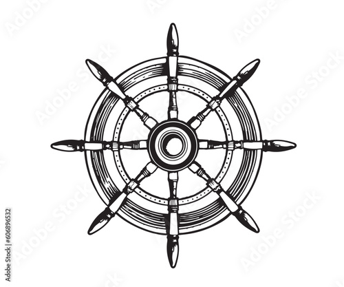 Ship wheel, sketch, hand drawn vector Illustration.