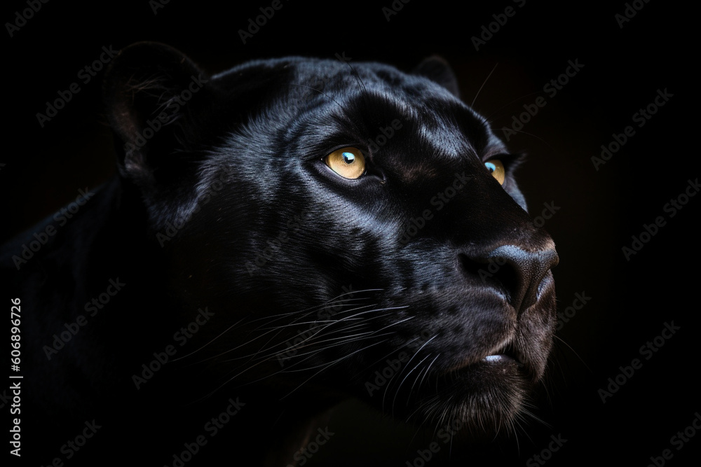 An AI generated illustration of a panther's head against a black background