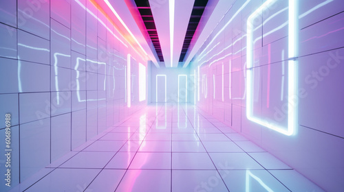 Photograph of a hallway with futuristic white walls with neon colors and a black and white tiled floor. IA generative.