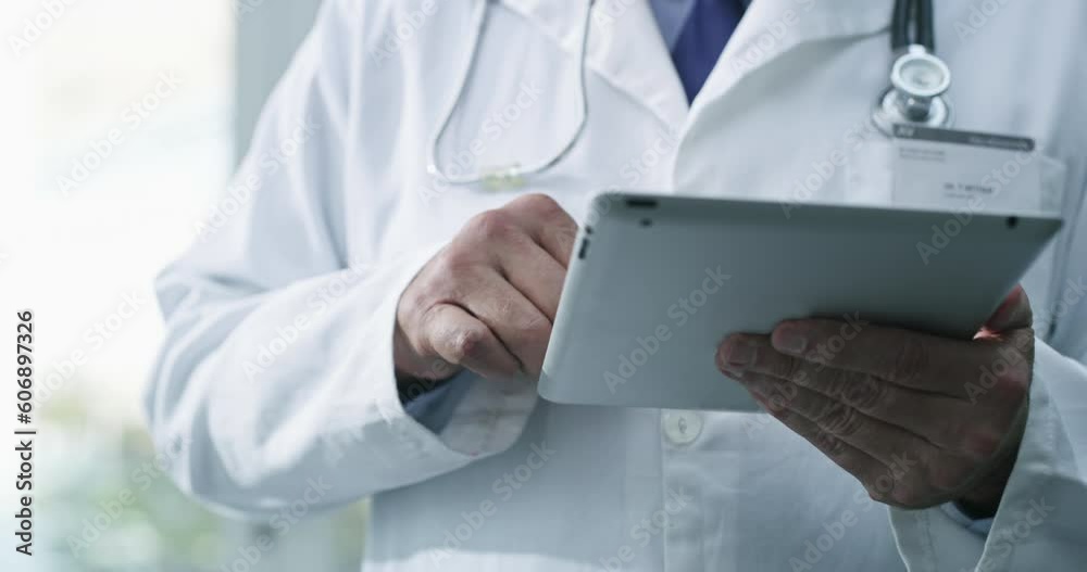 Man hands, doctor and tablet with digital research and data at a hospital and clinic. Healthcare, wellness and clinic employee with internet, web search and medical information on tech with typing Man hands, doctor and tablet with digital research and data at a hospital and clinic. Healthcare, wellness and clinic employee with internet, web search and medical information on tech with typing