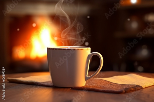 Fotografia Fireside indulgence, Hot drink in a mug, complemented by a fireside setting Gene