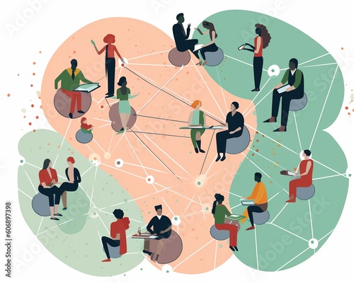 An interconnected web of diverse IT professionals collaborating on a shared project, with each individual contributing their unique expertise, surrounded  photo